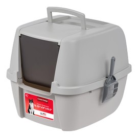 IRIS USA Cat Litter Box Large with Front Door Flap, Covered Enclosed Litter Box Enclosure with Scoop, Handle & Buckles for Portability & Privacy, Hidden Litter Pan, Gray
