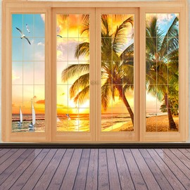 FENDROM Ocean Beach Tapestry Tropical Island Palm Tree Sunrise Seaside Rustic Window View Wall Hanging Seascape Tapestries for Bedroom Living Room Dorm