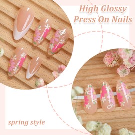 Almond False Nails - 24pcs White French Tip Press On Nails - Full Cover Acrylic Fake Nails with Spring Pink Flower - Reusable French Stick on nails with Glue for Women and Girls Nail Art