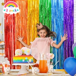 LOLStar LOLStar Rainbow Foil Fringe Curtains, 2 Pack Rainbow Party Decorations 3.3x6.6ft Tinsel Metallic Streamers Holiday Photo Booth Props Backdrop for Birthday Wedding Engagement Bridal Shower