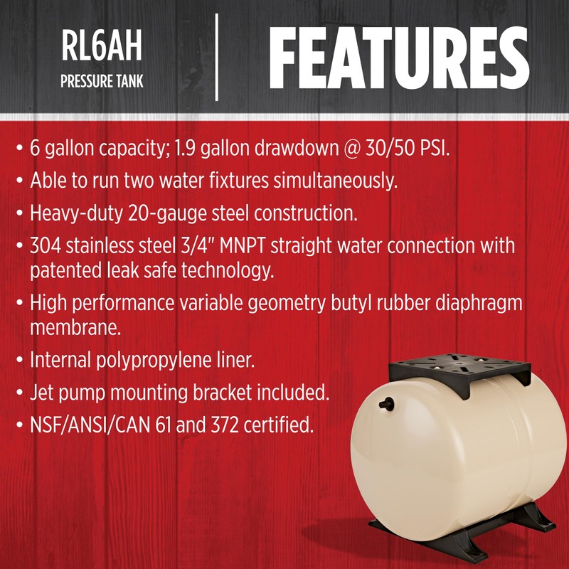 Red Lion RL6AH - 6-Gallon Horizontal Pre-Charged Pressure Tank with