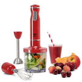 Moss & Stone Electric Hand Blender Set, 300W Immersion Hand Blender with Whisk and Chopper, Stainless Steel Shaft and Blades, 2-Speed Handheld Mixer with Ergonomic Grip, Red