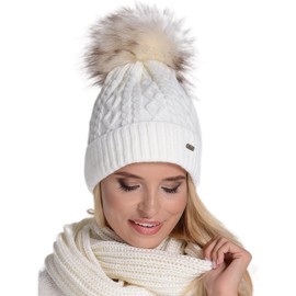 Alur Women's Beanie Winter Hat Knitted Hat with Bobble - Warm Elastic Elegant Winter Hat Eko Bobble Hat - Soft Yarn Stylish Universal Warm, cream