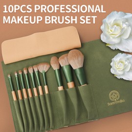 SamYmBa | Professional Makeup Brush Set | 10 Makeup Brushes with Travel Case | 100% Vegan Synthetic Fibre Makeup Brushes and Bamboo Wood Handle | Gift Ideas