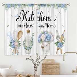 Cinbloo Farmhouse Blue Flower Kitchen Curtains 27.5Wx39H Inch Rod Pocket Rustic Floral Country Wooden Kitchenware Art Printed Funny Quotes Living Room Bedroom Window Drapes Treatment Fabric 2 Panels