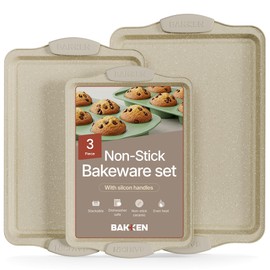 BAKKEN Cookie Sheets for Baking Nonstick Set - 3-Piece Stackable Carbon Steel Baking Sheet Pans Set with Silicone Handles, Non Toxic Cookie Sheets for Baking Bakeware Set - White Marble