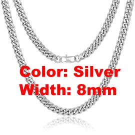 Non Tarnish Free Waterproof Gold Plated Filled Stainless Steel Cuban Chain Men's Hip Hop Jewelry Cuban Link Chain NecklaceColor: 8mm-White Gold, Length: 24inches