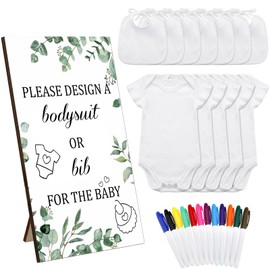 Panitay 43 Pcs Baby Bibs Bodysuit Games Set Wooden Game Sign 15 Blank White Bibs 15 Newborn Bodysuit 12 Marker(Greenery)