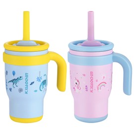 KXIAOCHEN 14 oz Kids Tumbler with Handle for spill proof Insulated Stainless Steel Reusable Tumbler for Toddlers, Keeps Drinks Cold up to 24 Hrs,Dinosaur+Unicorn2P