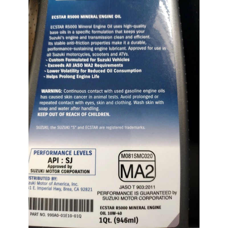 Suzuki Ecstar R5000 10W-40 Motorcycle Engine Oil 3 QUARTS 990a0-01e10-0
