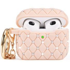 Worryfree Gadgets Case Compatible with AirPods 3 Case Generation 3 Bling Rhinestone Cover for Women Girls TPU Protective Shockproof Case with Keychain for AirPod 3 Charging Case, Pink