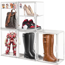 DAYOOH 5 PCS Acrylic Display Case, Super Large Boots Shoe Box Stackable Shoe Organizer for Closet, Shoe Rack for Entryway Sneaker Container Clear Plastic Storage Box with Detachable Divider