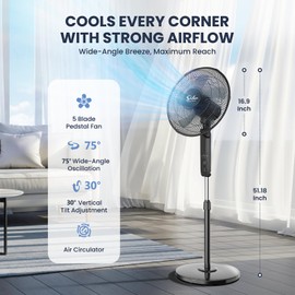 Simple Deluxe 16" Pedestal Fan for Bedroom, 75° Oscillating Standing Floor Fan with 3 Speeds, Powerful 20ft/s Airflow, Adjustable Height & Tilt, Remote Control, for Home & Office 2Pack