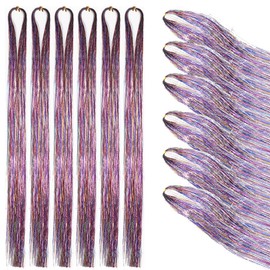 Tinsel Hair Extensions with Tools 6 Packs 1380 Strands 44 Inch Hair Extension Tinsel Kit for Women and Girls Sparkling Shiny Colorful Hair Extensions for Christmas and Parties (44 Inch, rainbow 7)