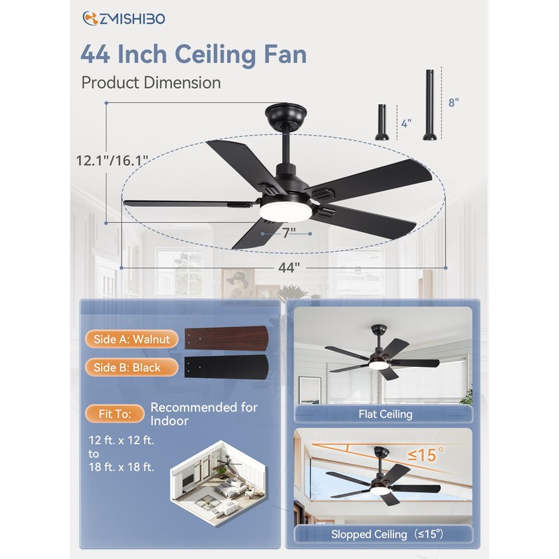 ZMISHIBO 44" Ceiling Fans with Lights, Black Modern Ceiling Fan