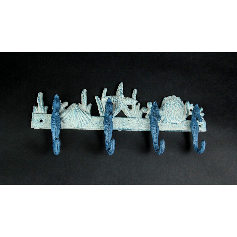Zeckos Enchanting Blue and White Cast Iron Seahorse Nautical Sea