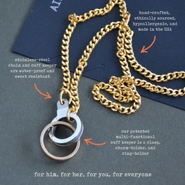 Air & Anchor Cuff Keeper Front Clasp Necklace, Ring Keeper Necklace Women & Men, Water/Sweat Resistant, Tarnish Proof & Hypoallergenic in 14kt Gold over Stainless Steel or Polished Stainless Steel