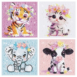 4 Packs Animals Diamond Art Kits for Kids, Cartoon DIY 5D Diamond Painting Mosaic Kits for Adults Beginner, Full Round Drill Gem Art Kits for Kids Gift, Peinture Enfant Home Wall Decor 6X6 inch