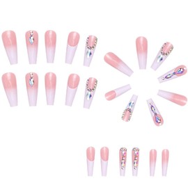 24Pcs Acrylic Press on Nails Long Fake Nails, Coffin False Nails with Designs Gems Rhinestones,Square Nails Press ons White French Tip Nails Artificial Nails For Women Girls