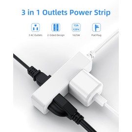Flat Plug Extension Cord with 3 Outlets - 6 ft White Low Profile Indoor 3 Prong Grounded Power Strip for Home Office & Travel - 16/3 AWG, 13A/1625W