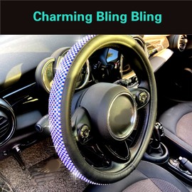 PINCTROT Large Size Bling Comfy Steering Wheel Cover with Jumbo Crystal Rhinestones, Anti-Slip Diamond Leather, 15.5-15.75 Inch (Blue)