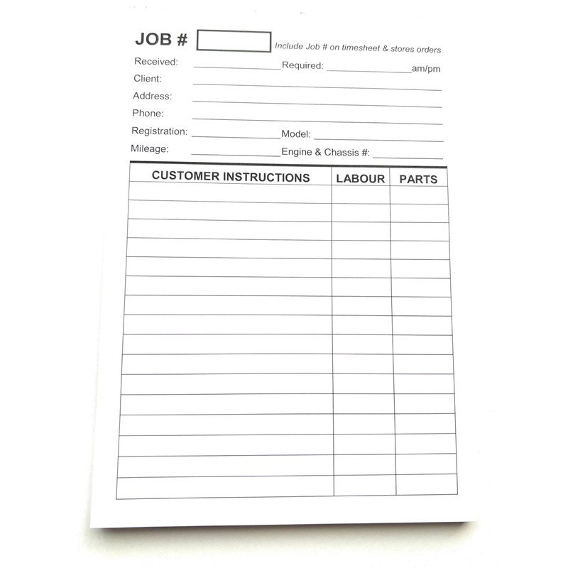 Repair Job Cards x100 - Garage Workshop Job Costing Sheets
