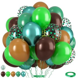 Brown and Green Balloons, 12 Inch Coffee Brown Emerald Dark Metallic Green Confetti Balloons for Camping Jungle Theme Forest Adventure Birthday Baby Shower Party Decorations