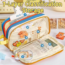 Organizador Portátil de Estuche para Lápices Kawaii de Múltiples Capas - Bolsa para Bolígrafos y Suministros de Gran Capacidad con Diseño de Bloques d