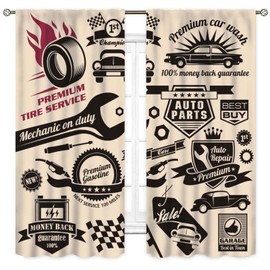 TKUYO Garage Curtains, Retro Vintage Man Cave Repair Vehicle Garage Tools Shed Workshop Car Themed Room Decor Window Drapes Treatments for Boys Men Teen Bedroom Living Room 2 Panels Set, 42"x54" Inch