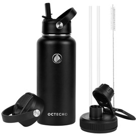 OcTecho Stainless Steel Drinking Bottle, Thermos Flask, 1 Litre, Insulated Bottle with Straw and 2 Lids, BPA-Free, Suitable for Carbonated Drinks, Leak-Proof Insulated Thermos Flask for Children,