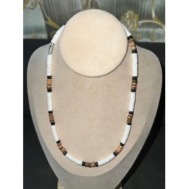 Native Treasure 15" Mens and Womens Summer Beach Surfer Necklace From the Philippines, White Ark Shells with Black and Mixed Brown Coconut Beads