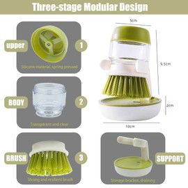 UGWkivd Soap Dispenser Dish Brush Palm Brush Scrub Brush Equipped with Storage Bracket and Drainage Base,Easy to Clean Kitchen Utensils and Sink, Includes a Replaceable Brush（Green）