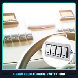 X AUTOHAUX 4 Gang Rocker Switch Panel 3 Pin on OFF Pre-Wired Toggle Switch Control Waterproof Aluminum Alloy Blue LED Light Push Button for 12V 24V Silver Tone