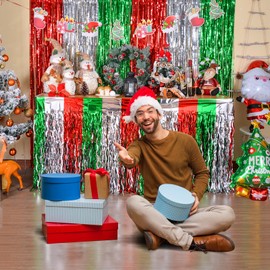 LOLStar Christmas Party Decorations, 2 Pack Red White and Green Wavy Metallic Tinsel Foil Fringe Table Skirt for Rectangle & Round Tables, Perfect Table Decorations for Christmas Ugly Sweater Party