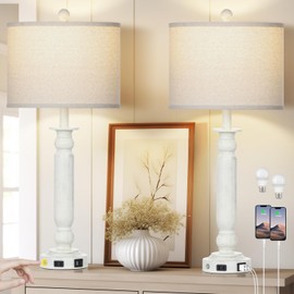 Rinweey 28.5" Farmhouse Table Lamps for Living Room Set of 2, 3-Way Dimmable Touch Lamps, Table Lamp with USB C+A Ports, Bedside Nightstand Lamps with Linen Shade for Bedroom (White)
