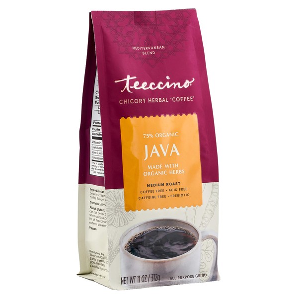 Teeccino Java Chicory Coffee Alternative - Ground Herbal Coffee That’s Prebiotic, Caffeine Free & Acid Free, Medium Roast, 11 Ounce (Pack of 6)