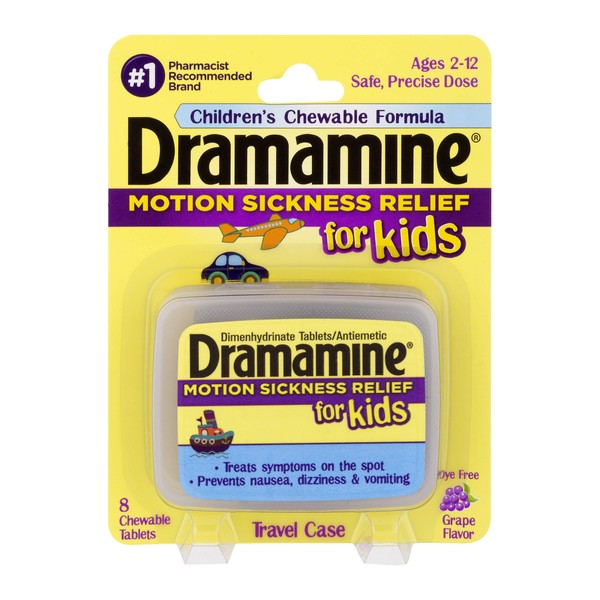 Dramamine Motion Sickness for Kids, Chewable, Dye Free, Grape flavored, 8 Count, 6 Pack