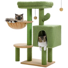 MUTTROS Cactus Cat Tree 35.4" Cute Cat Tower Cat Condo for Indoor Cats w/Large Padded Perch, Comfy Hammock, Cat Scratching Post, and Dangling Ball, for Small-Medium Cats, Green