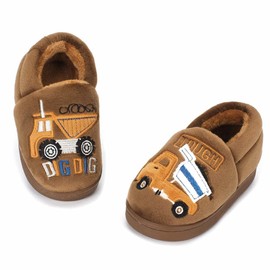 ESTAMICO Boys Girls Warm Slippers Cartoon Car Kids Winter Indoor Household Shoes, Brown, 9-10 Toddler