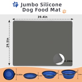 DGitaor Dog Food Mat for Food and Water, Waterproof Silicone Pet Feeding Mat for Floors with Collapsible Cat Dog Bowl for Travel Extra Large 39.4"x29.5"