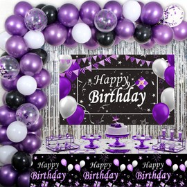 Purple Birthday Decorations for Women, 62PCS Happy Birthday Party Decorations for Girls Men Purple Black Balloons Arch Kit Purple Birthday Banner Backdrop Tablecloth Foil Curtains Bday Party Supplies