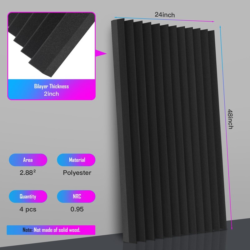 4 Pack Sound Proof Foam Panels, 48"×24"×2" Soundproof Wall Panels