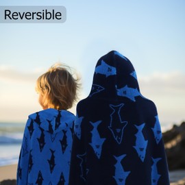 ORIGINAL KIDS Hooded Bath Towel Wrap - Shark Attack - 100% Cotton Jacquard Reversible Large Hooded Kids Towel - Toddler Shower Pool Beach Towel - Soft Plush Absorbent Quick Dry Gift -26x50- Blue Navy