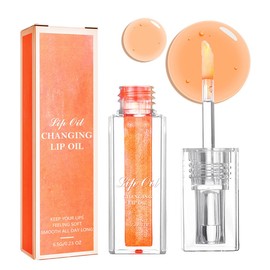 Magic Color Changing Lip Oil, Warm Change Lip Gloss, Nourishing Lip Glow Oil Upgraded Big Brush Head Moisturizing Lip Oil Long Lasting & Non-Sticky Primer Lip Tint (Orange)