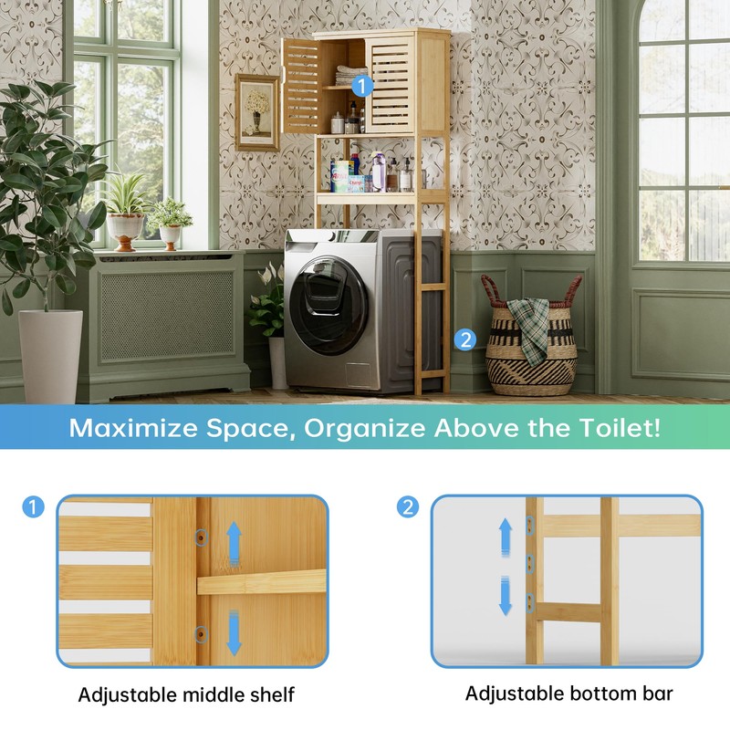 SMIBUY Bathroom Over The Toilet Storage Cabinet, 2 Door Bamboo