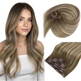Sunny Hair Clip in Hair Extensions Straight Human Hair Clip in Extensions Remy Clip in Hair Extensions Real Human Hair Extensions Clip ins Ombre Walnut Brown to Light Brown Blonde 12inch