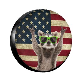 Cute Raccoon Spare Tire Cover American Flag Tire Wheel Covers Waterproof Wheel Tire Protector Weatherproof Dust-Proof Tyre Covers Universal Fit for Trailer RV SUV Truck Off-Road Vehicle Travel 16 Inch