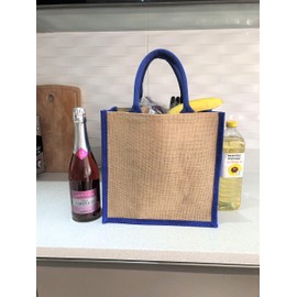 Eastern Thread Mill Medium jute bag with contrasting blue handle and blue sides and pink handle and sides 30cm x 30cm x 20cm (Blue sides & handles, 1)