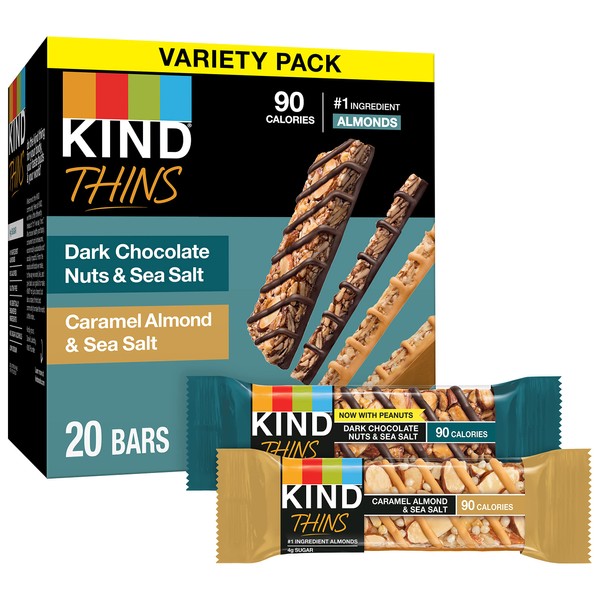 KIND Thins Variety Pack, Dark Chocolate Nuts & Sea Salt, Caramel Almond & Sea Salt, Healthy Snacks, Low Calorie, 20 Count