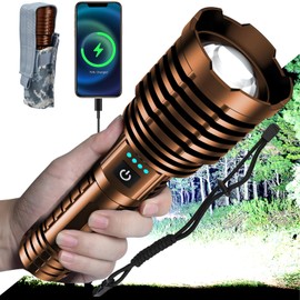 Super Bright LED Flashlight 1800000 High Lumens, Rechargeable Handheld Flashlights Powered by Battery, Powerful Waterproof Tactical Flashlights with Zoomable 5 Modes for Emergencies Camping (Coffee)